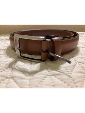 Perry Ellis Brown Bonded Leather Belt with Silver Buckle, 34